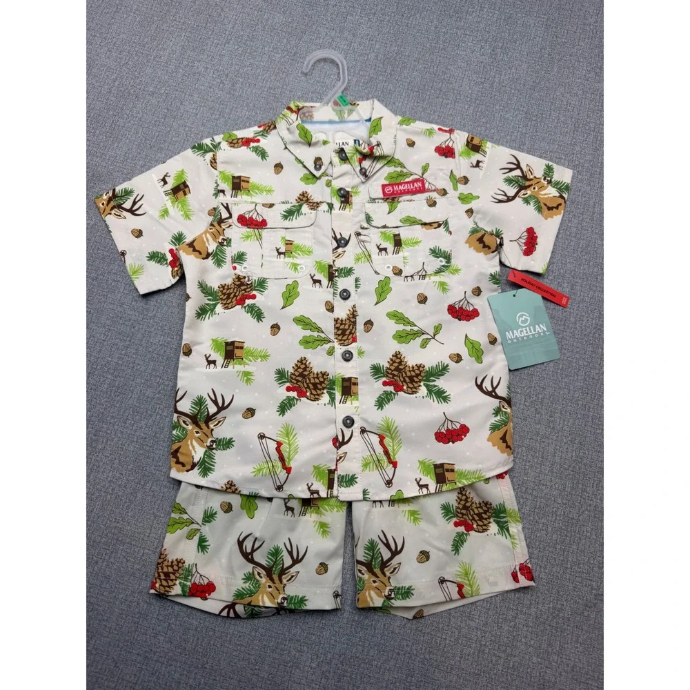 NWT Magellan Outdoors Boys Vintage Hunt Fishing Shirt Shorts Set 5/6 Holiday UPF
